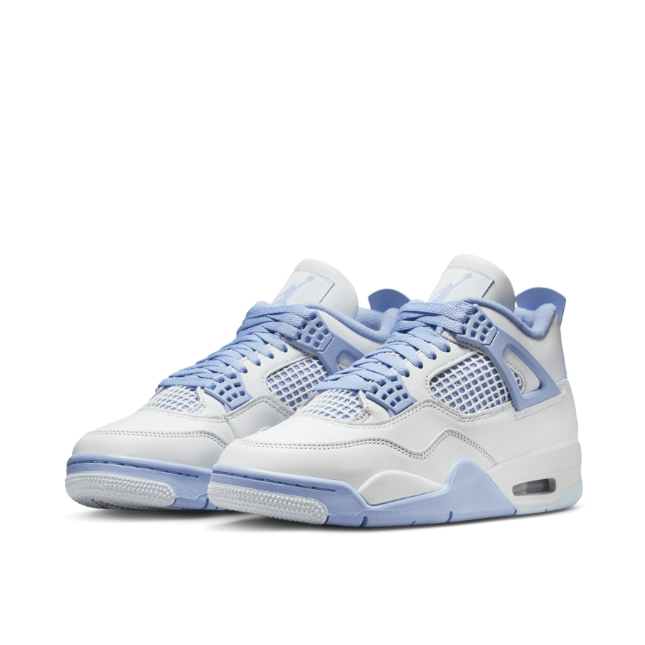 Women's Jordan 4 Retro Forget Me Not three-quarter front view showing white leather upper, blue tint mesh netting, and aluminum lace cage