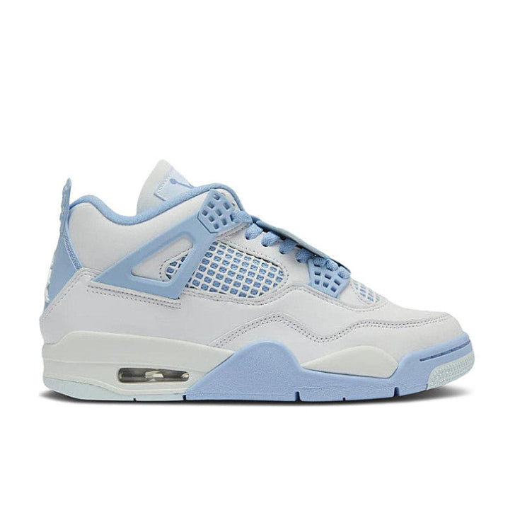 Women's Jordan 4 Retro Forget Me Not lateral side view showing white leather upper, aluminum TPU support wing, blue mesh panel, and visible Air unit