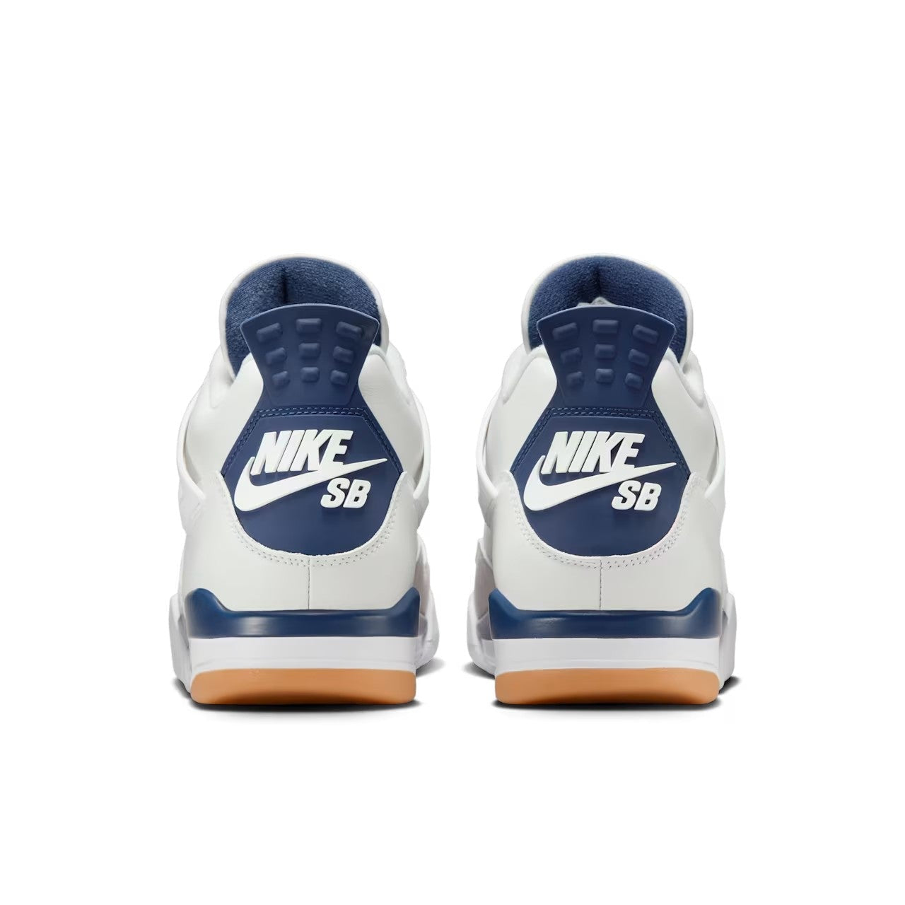Jordan 4 Retro Nike SB Navy heel view showing embossed white Nike SB branding on navy heel tab and gum outsole