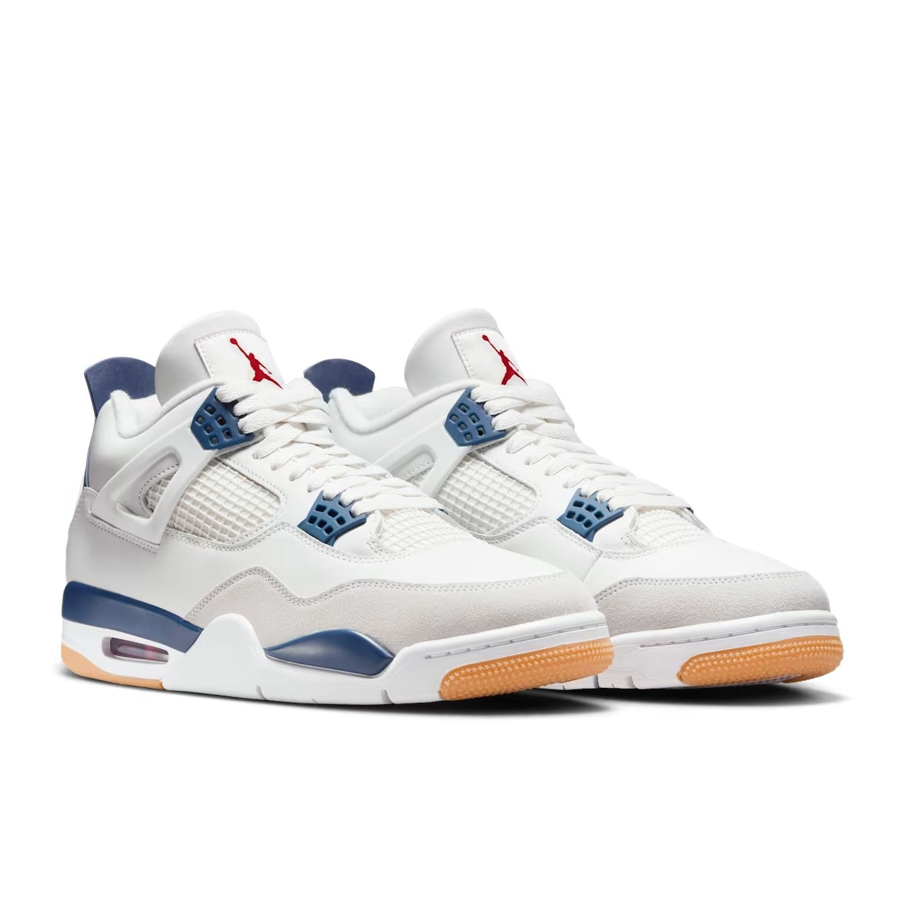 ordan 4 Retro Nike SB Navy pair front angled view showing red Jumpman tongue logo navy lace cages and grey suede toe