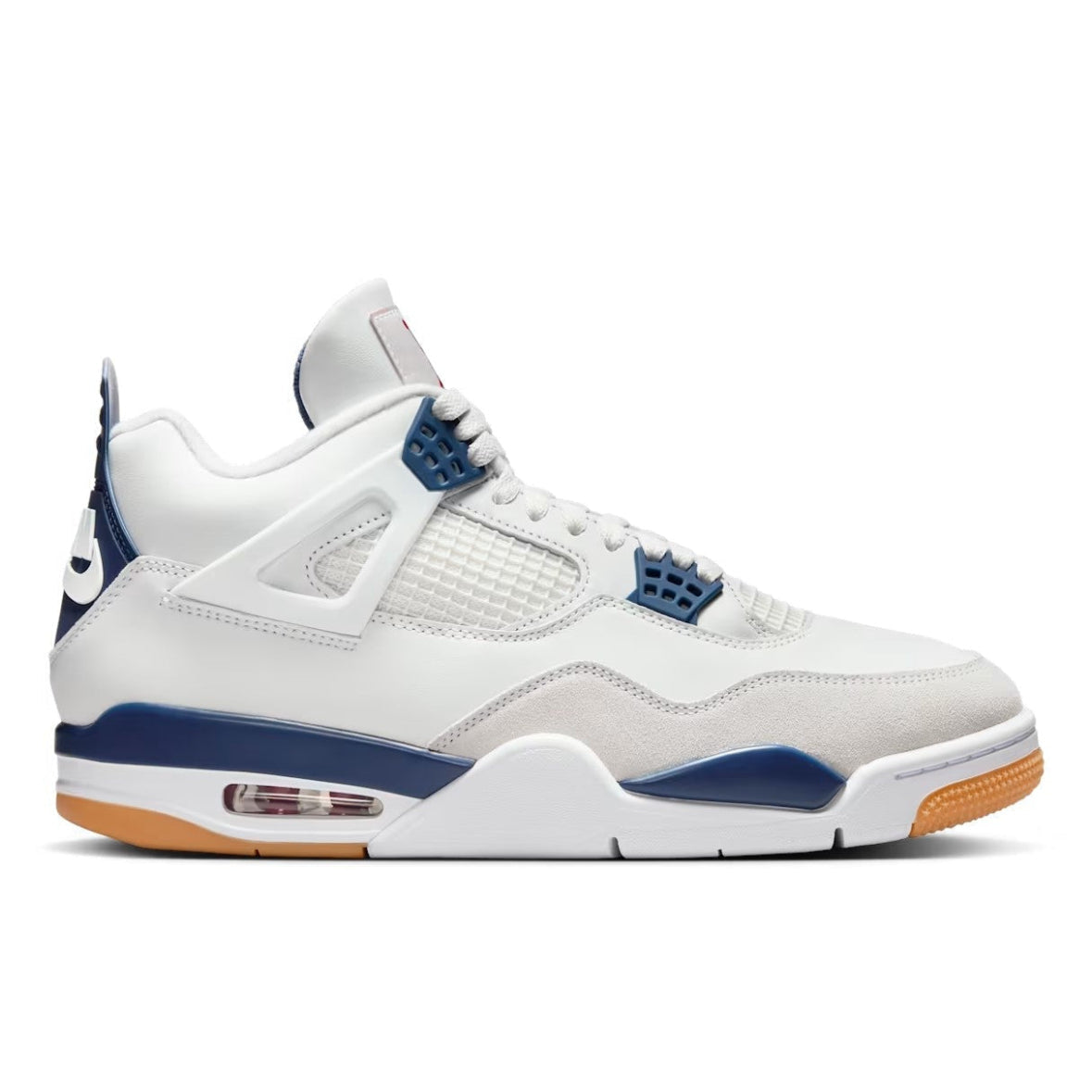 Jordan 4 Retro Nike SB Navy side profile showing white leather upper grey suede mudguard navy eyelets and gum outsole
