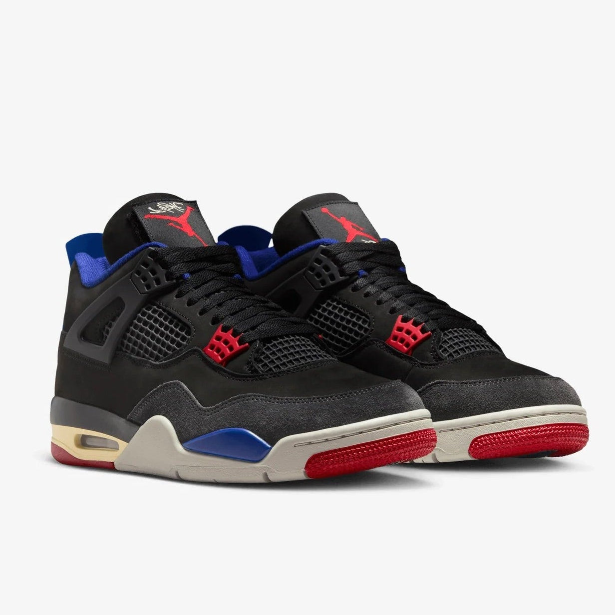 Jordan 4 Retro Rare Air FV5029-003 three-quarter front view black fire red deep royal blue
