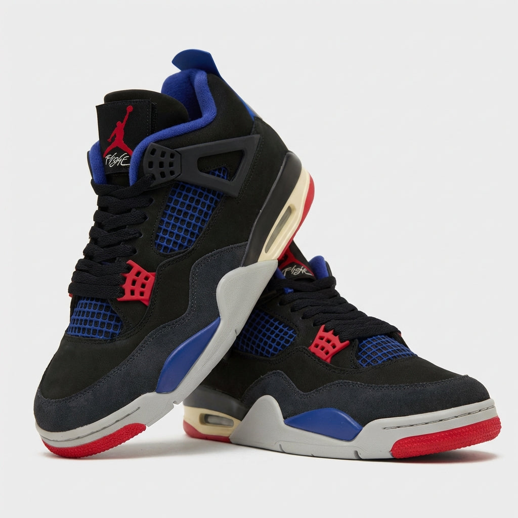 Jordan 4 Retro Rare Air pair showing blue mesh netting, grey midsole, and red outsole