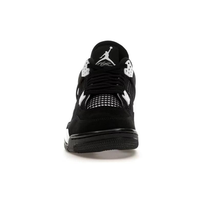 Jordan 4 Retro White Thunder GS - front view showing Jumpman logo on tongue, Flight branding, white crown lace locks and mesh toe box