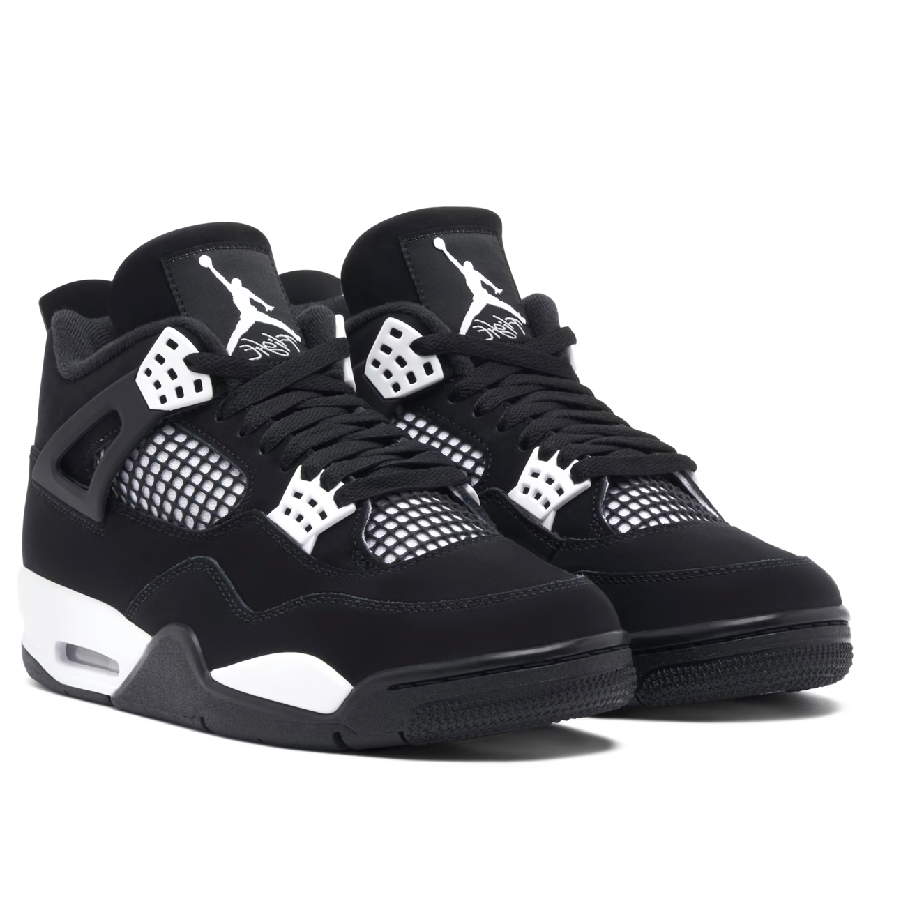 Jordan 4 Retro White Thunder GS - front three-quarter pair view showing both shoes with Jumpman tongue branding, white lace locks, mesh panels and white Air-Sole midsole