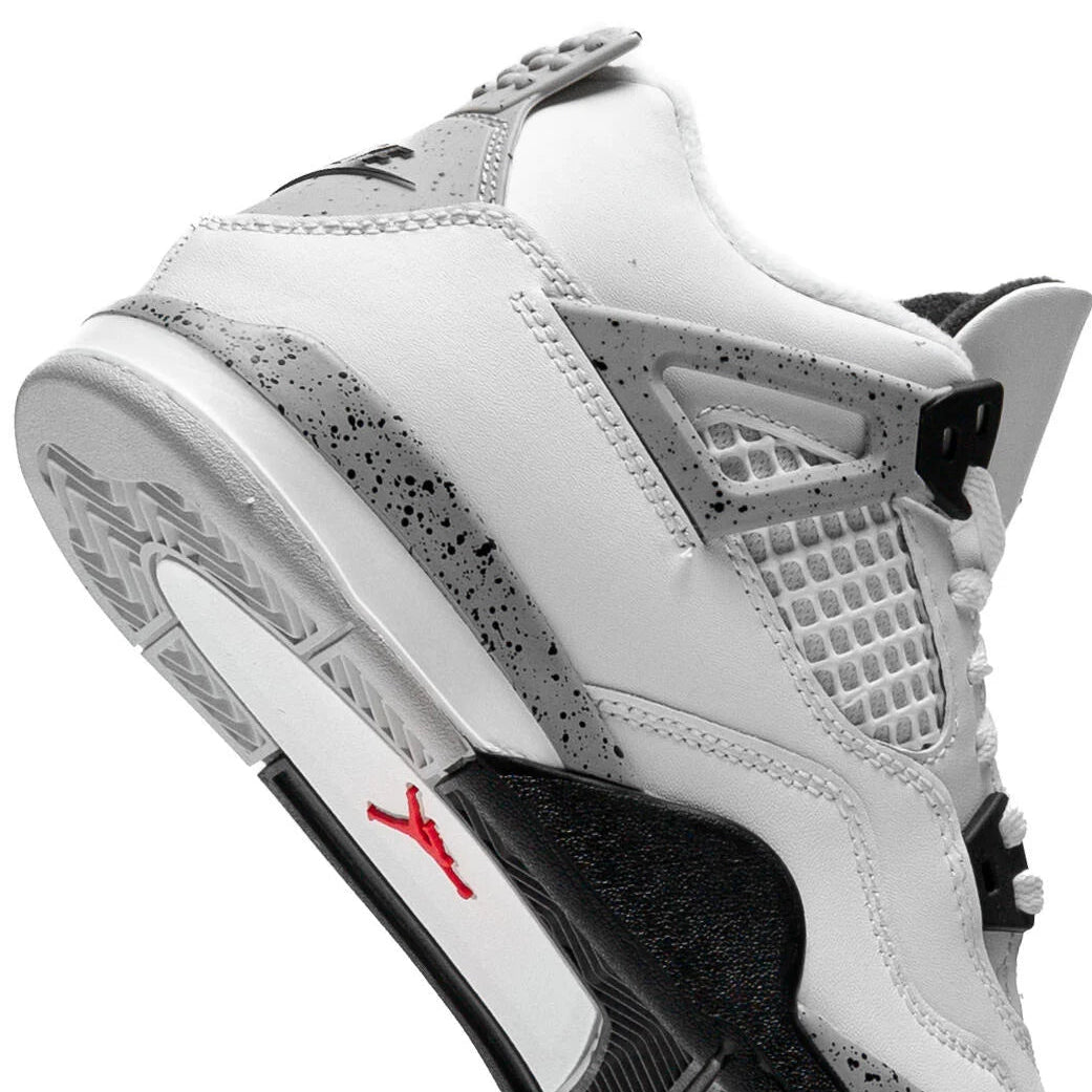 Jordan 4 Retro OG White Cement close-up showing cement grey speckle overlays, red Jumpman outsole branding, black midsole wedge, and herringbone traction