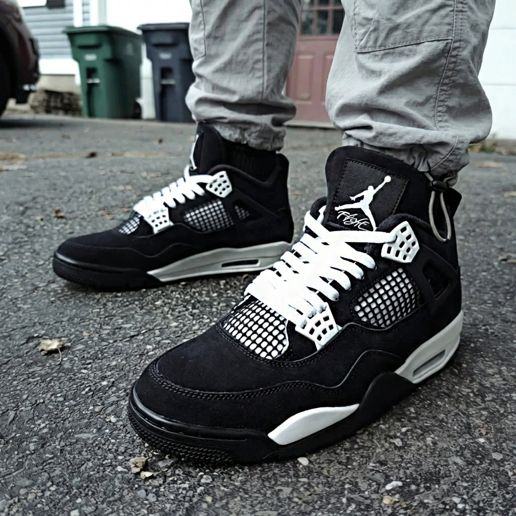 Jordan 4 Retro White Thunder GS front toe view showing white Jumpman logo on tongue, Flight branding, white lace cage eyelets, and black mesh netting