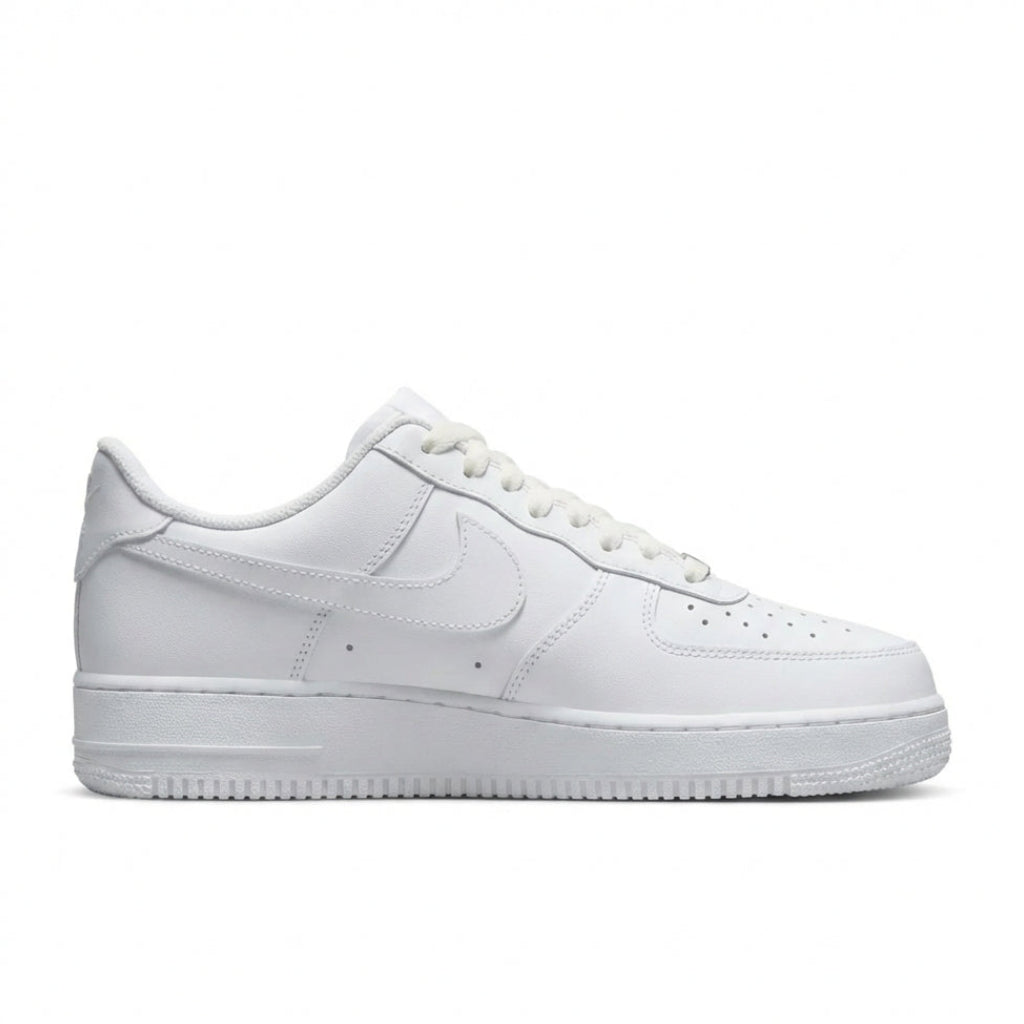 Nike Air Force 1 '07 Triple White sneaker side profile showing white leather upper and Swoosh