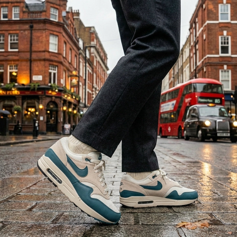 Nike Air Max 1 Soft Pearl Smokey Blue on feet street style on London cobblestones showing visible Air heel unit