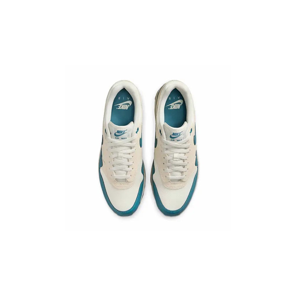 Nike Air Max 1 Soft Pearl Smokey Blue pair top-down view showing teal insoles and suede upper