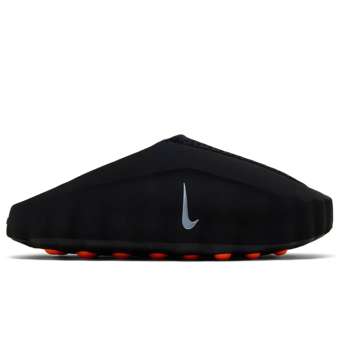 Nike Mind 001 Black - lateral side profile on white background showing sleek black foam shell, silver Nike Swoosh, perforated upper and orange sensory nodes visible along outsole edge