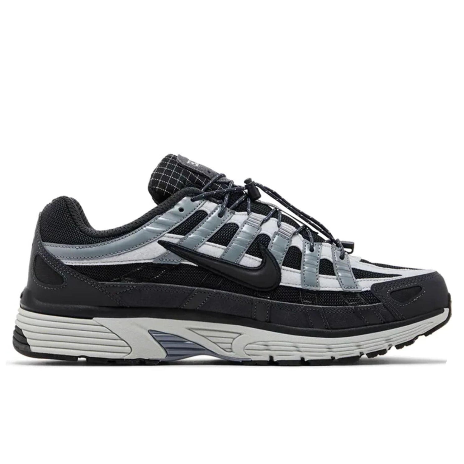 Nike P-6000 Anthracite Smoke Grey side profile showing black mesh upper smoke grey leather overlays and grey midsole