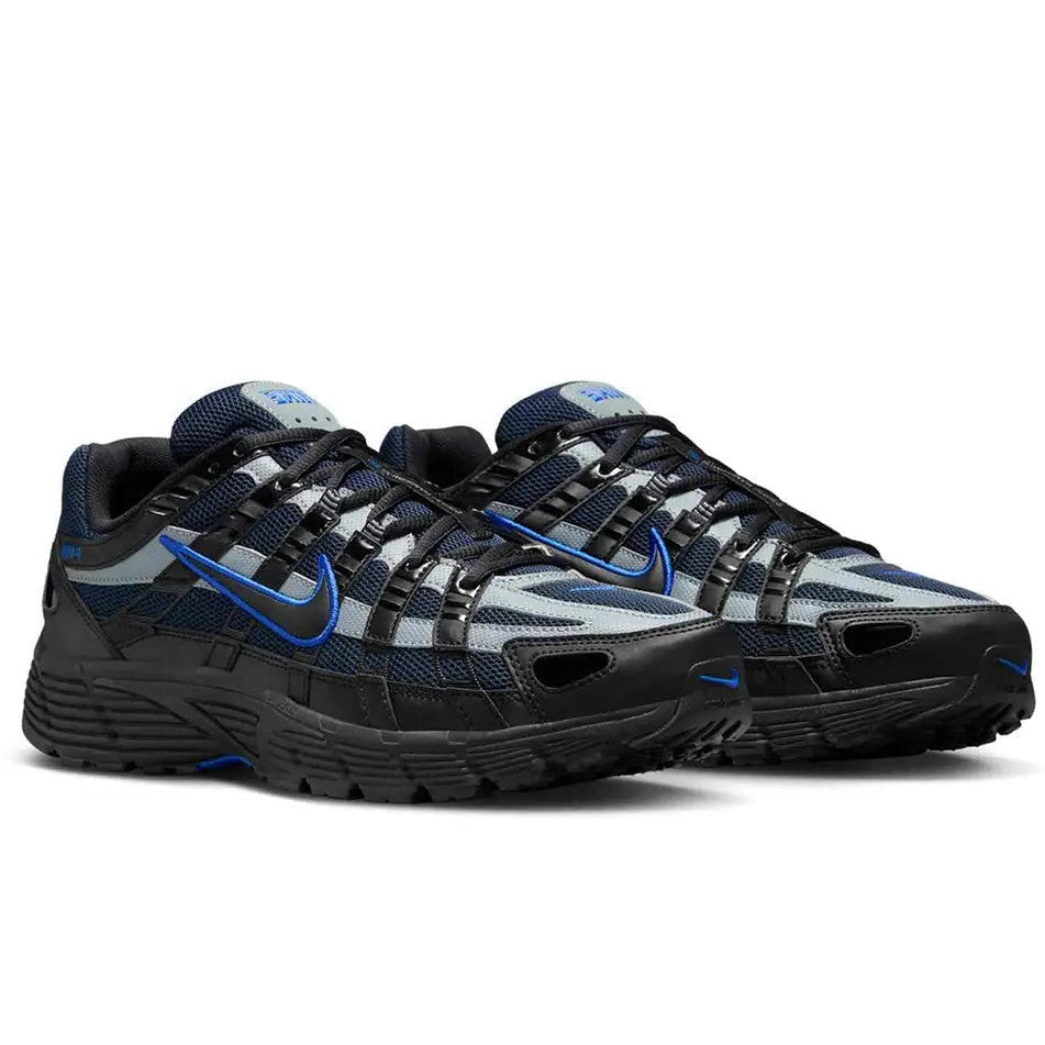 Nike P-6000 Black Obsidian pair front angled view showing dark navy mesh blue Swoosh and black midsole