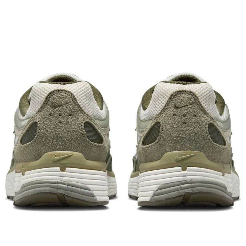Nike P-6000 Cargo Khaki rear view of pair on white background showing hairy olive suede heel counter, embroidered Swoosh, olive mesh collar, and white layered midsole
