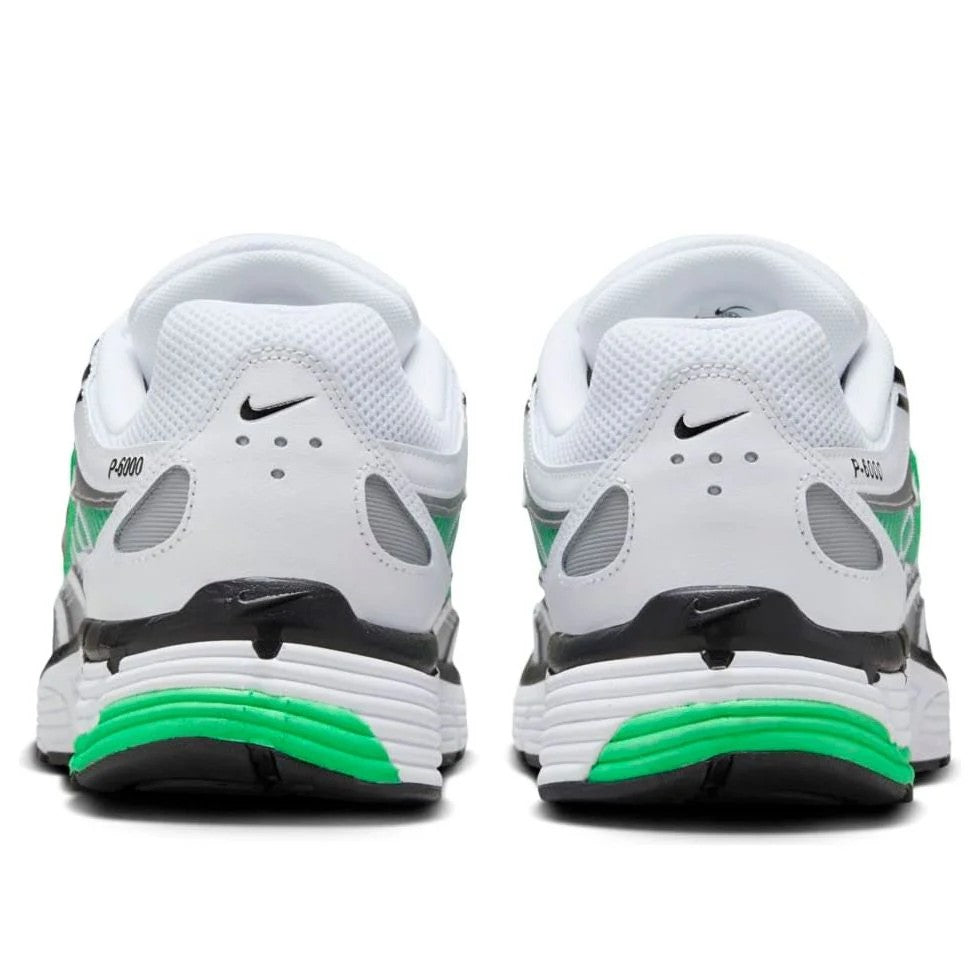 Nike P-6000 Metallic Silver Spring Green heel view showing P-6000 branding black Swoosh and green midsole