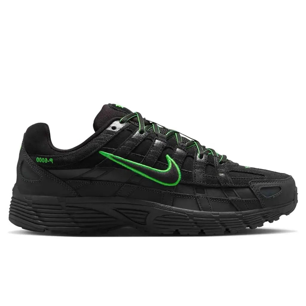 Nike P-6000 PRM Black Green Strike IF0668-003 lateral side profile showing the all-black mesh upper with layered synthetic overlays, embroidered neon green Nike Swoosh, green laces, green P-6000 heel text, and black sculpted midsole