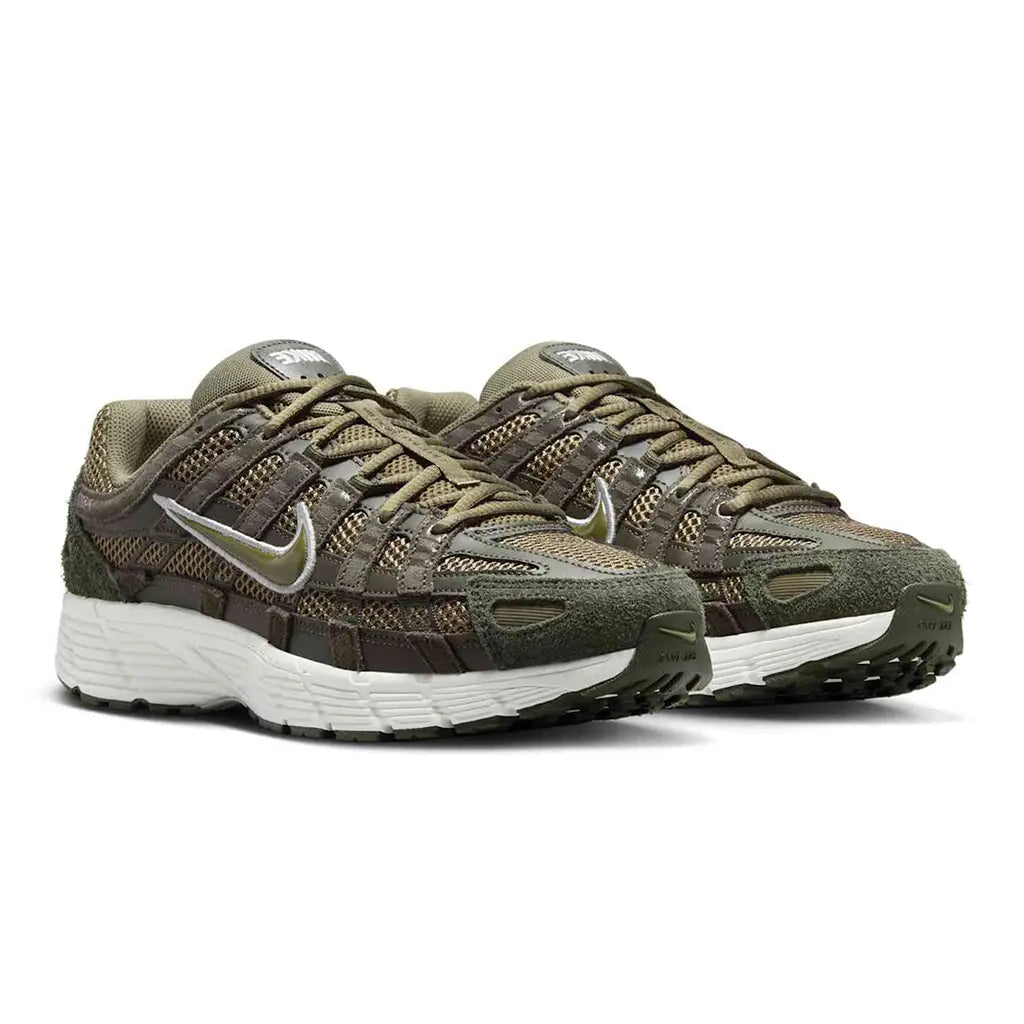 Nike P-6000 Sequoia Medium Olive pair front three-quarter view showing layered olive mesh and silver Swoosh