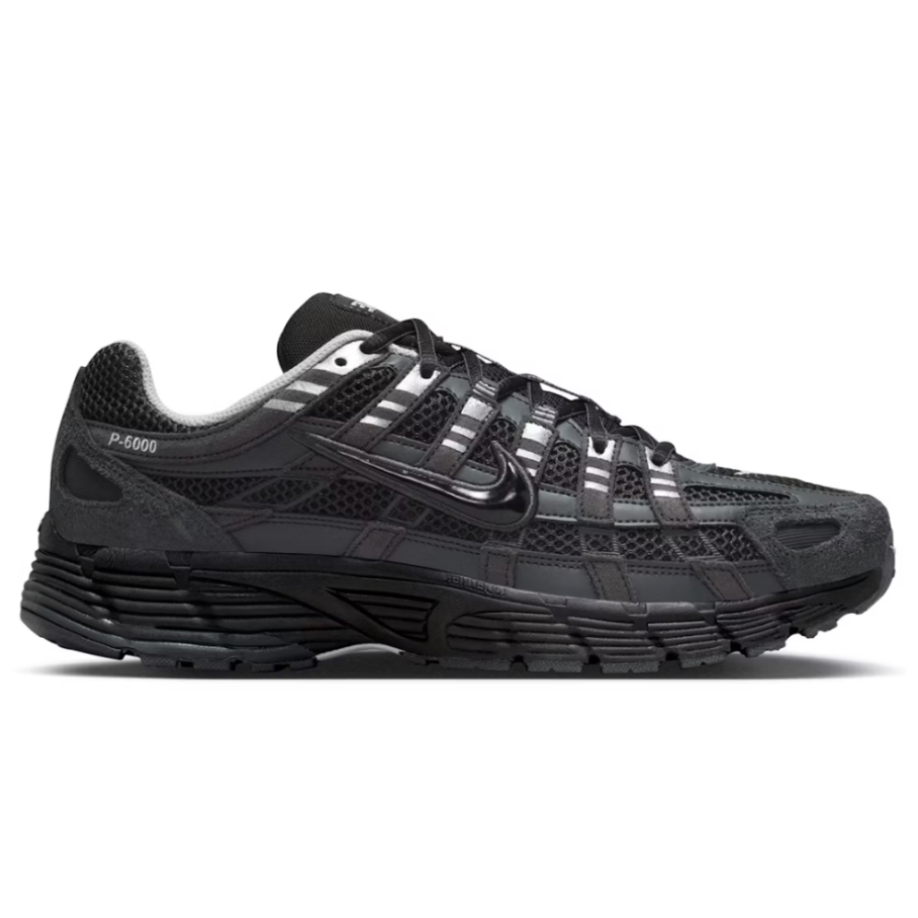 Nike P-6000 Suede Anthracite Metallic Silver lateral side profile on white background showing anthracite suede overlays, black Swoosh, metallic silver accents, and layered midsole