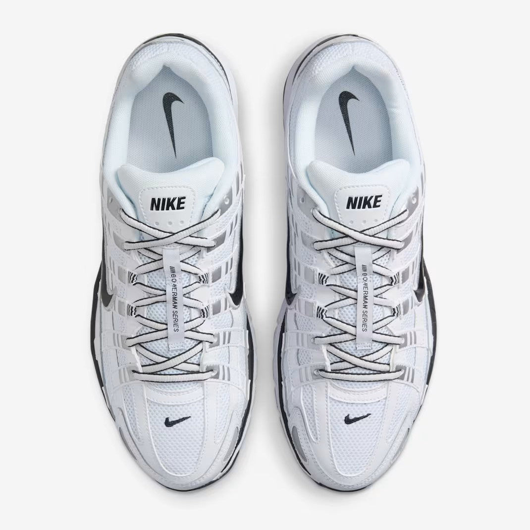 Nike P-6000 White Metallic Silver Black pair top-down view showing Nike tongue branding Bowerman Series lace tag and white insole
