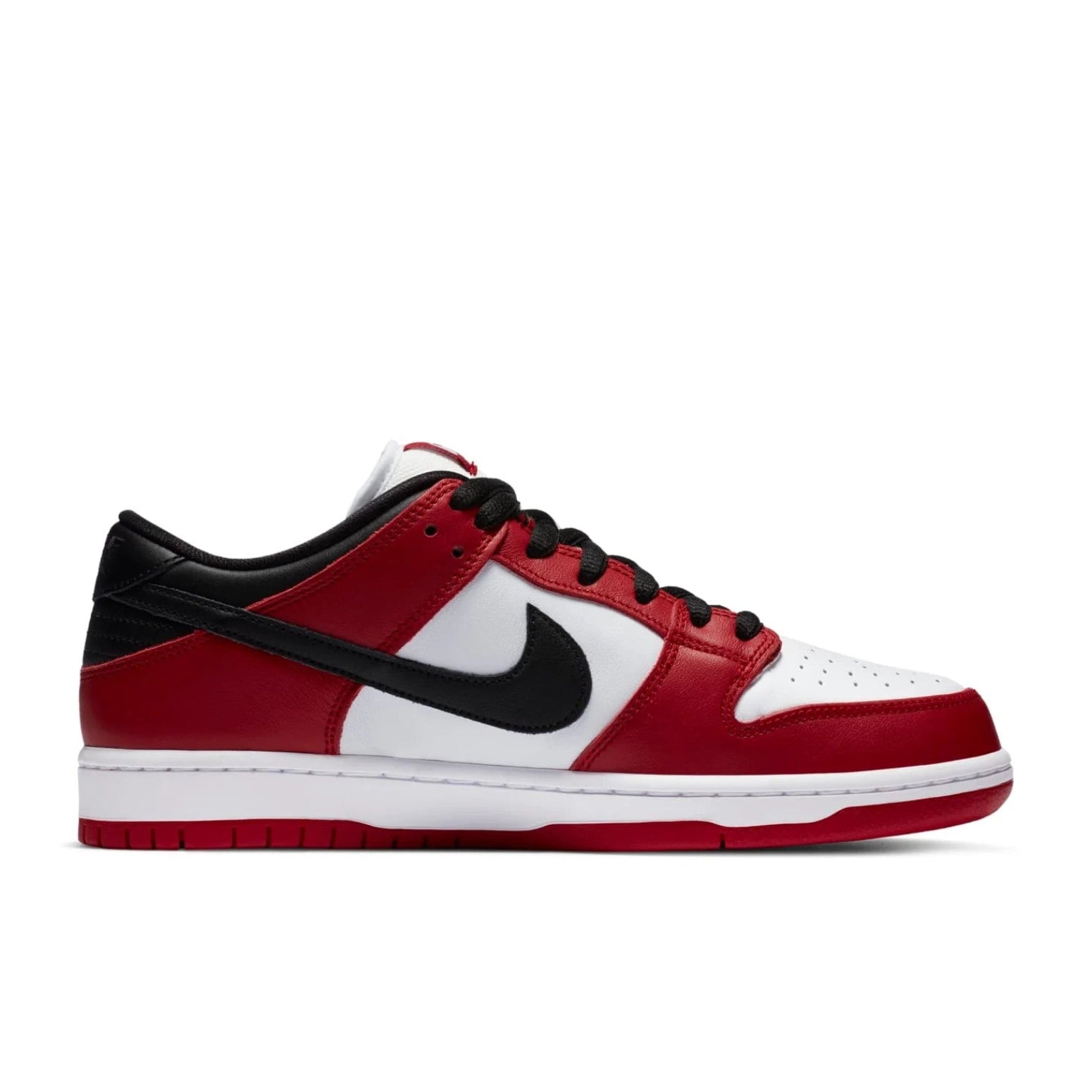 Nike SB Dunk Low J-Pack Chicago lateral side profile showing varsity red overlays, black Swoosh and white midsole