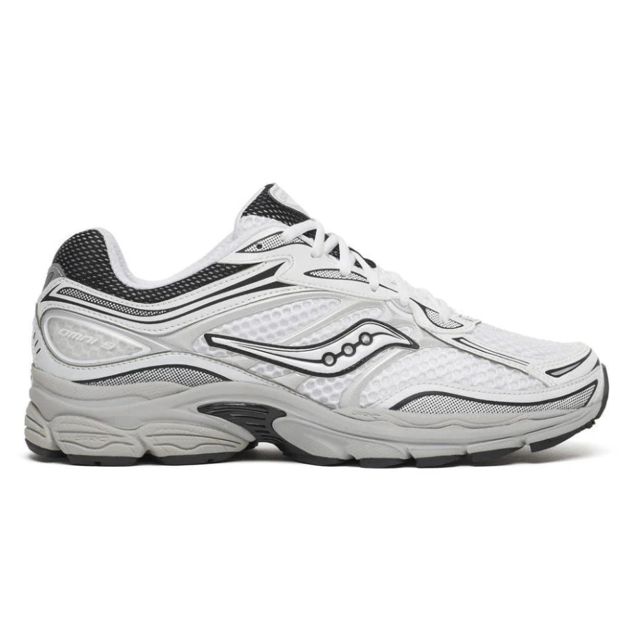Saucony ProGrid Omni 9 White Cadet side view with white overlays, metallic silver detailing, black Saucony branding and retro runner shape.