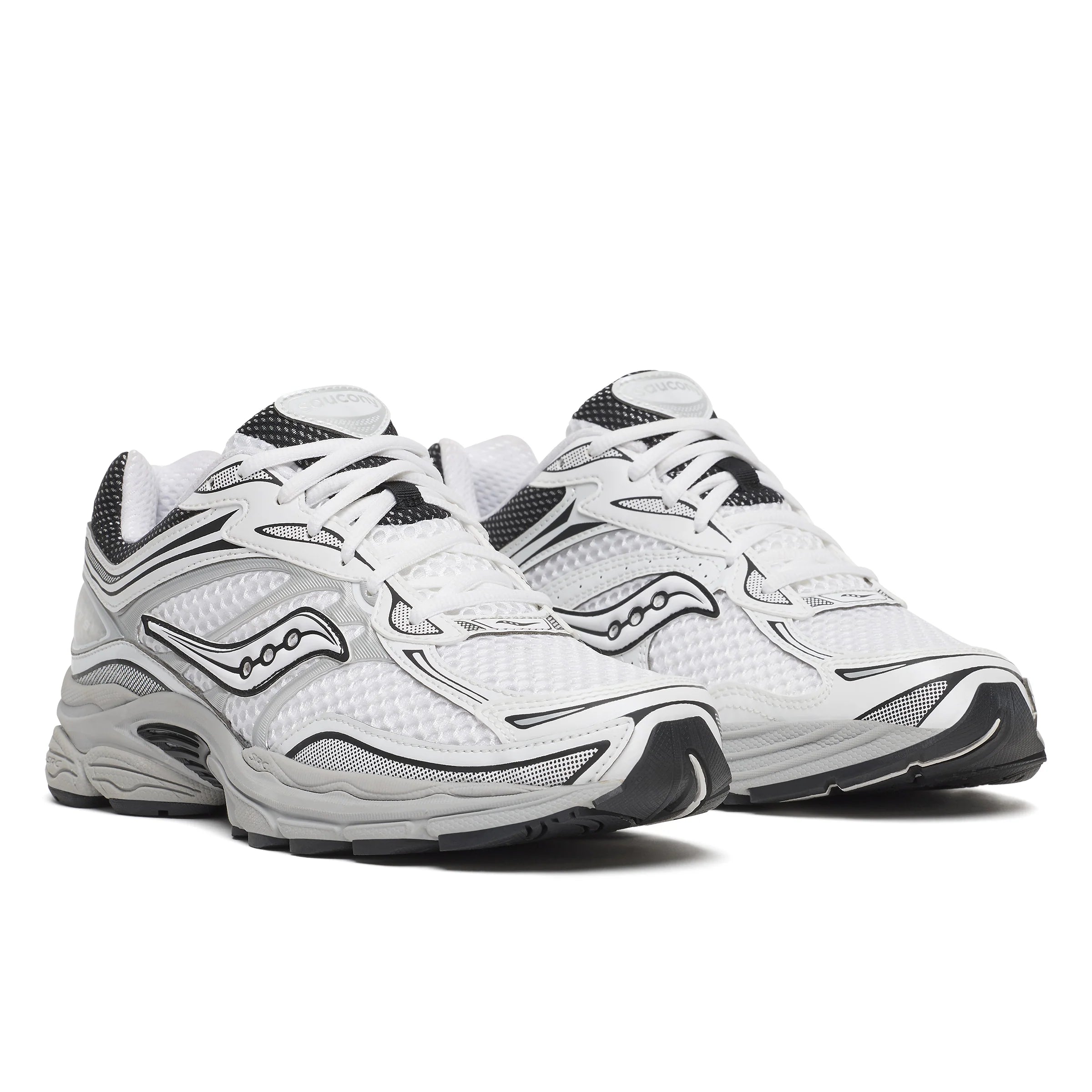 Saucony ProGrid Omni 9 White Cadet front angle showing white mesh upper, cadet grey details, black accents and ProGrid cushioning.