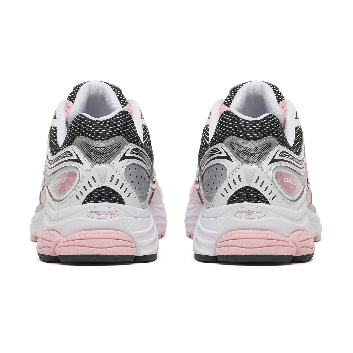 A rear view of the Saucony ProGrid Omni 9 White Touch trainers, showing the structured heel, pink and silver detailing and chunky cushioned sole on a clean white background.