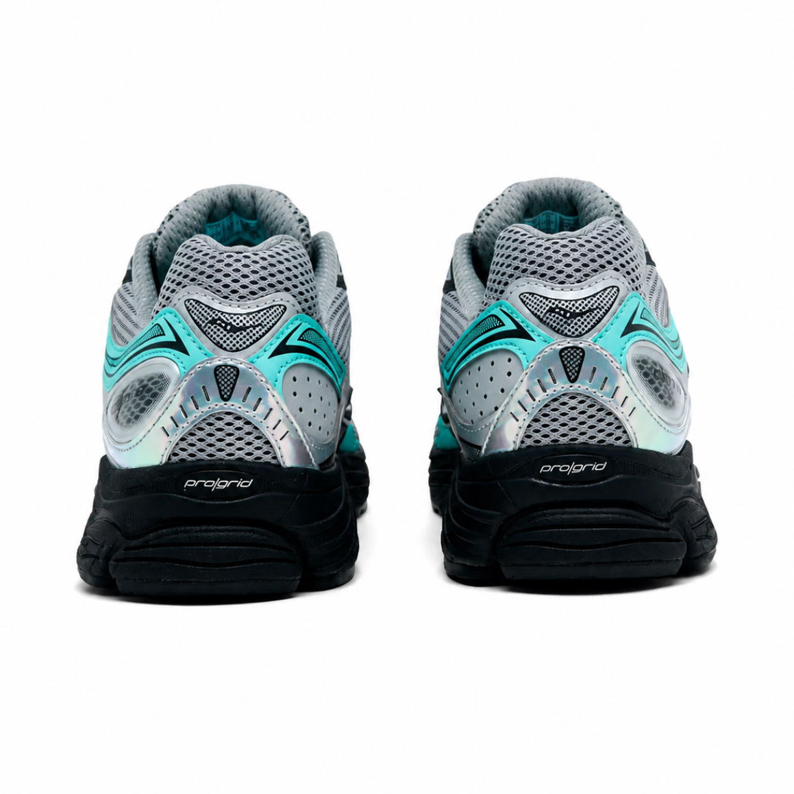 Saucony ProGrid Omni 9 Fossil Splash heel view showing grey mesh collar, silver heel panels, turquoise accents and black outsole