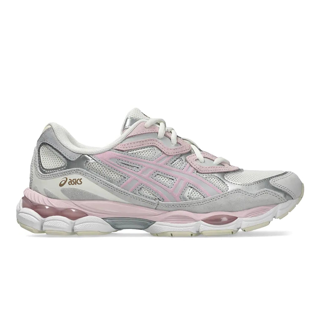 ASICS Gel-NYC Barely Rose lateral side profile on white background showing barely rose suede overlays, silver metallic panels, gold ASICS branding, and pink chunky GEL midsole