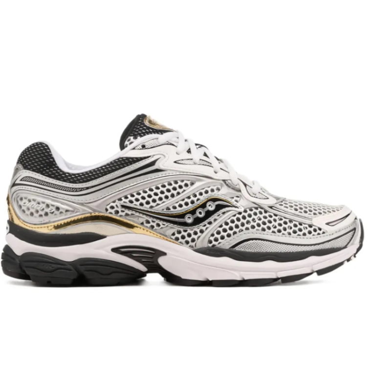 Side profile of the Saucony ProGrid Omni 9 White Black Gold (S70739-9), highlighting the layered Y2K technical upper, classic Saucony branding, and visible ProGrid midsole.