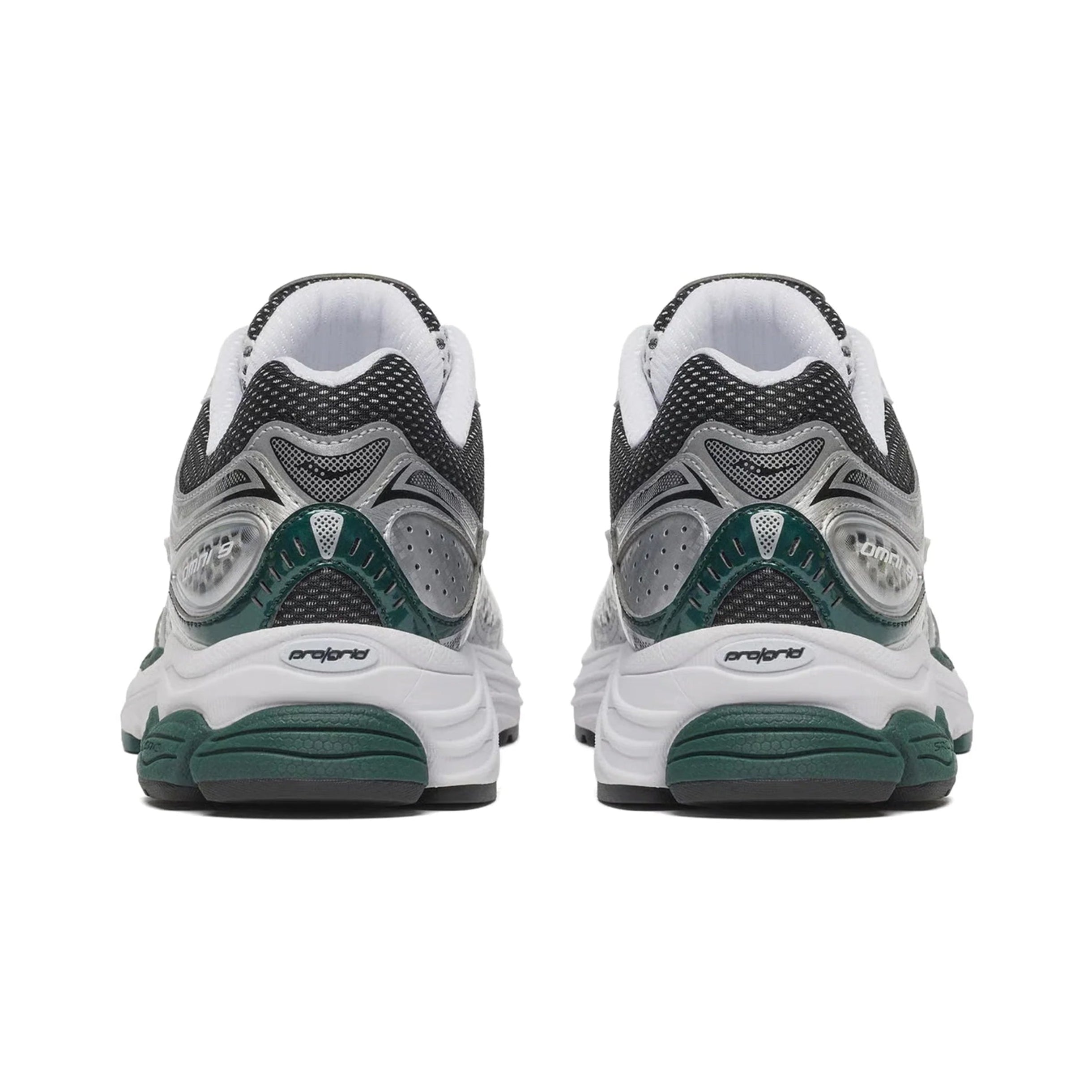 Saucony ProGrid Omni 9 White Pine Green rear heel view showing Omni 9 branding silver heel counter pine green cushioning panel ProGrid logo on white midsole and dark mesh collar on white background
