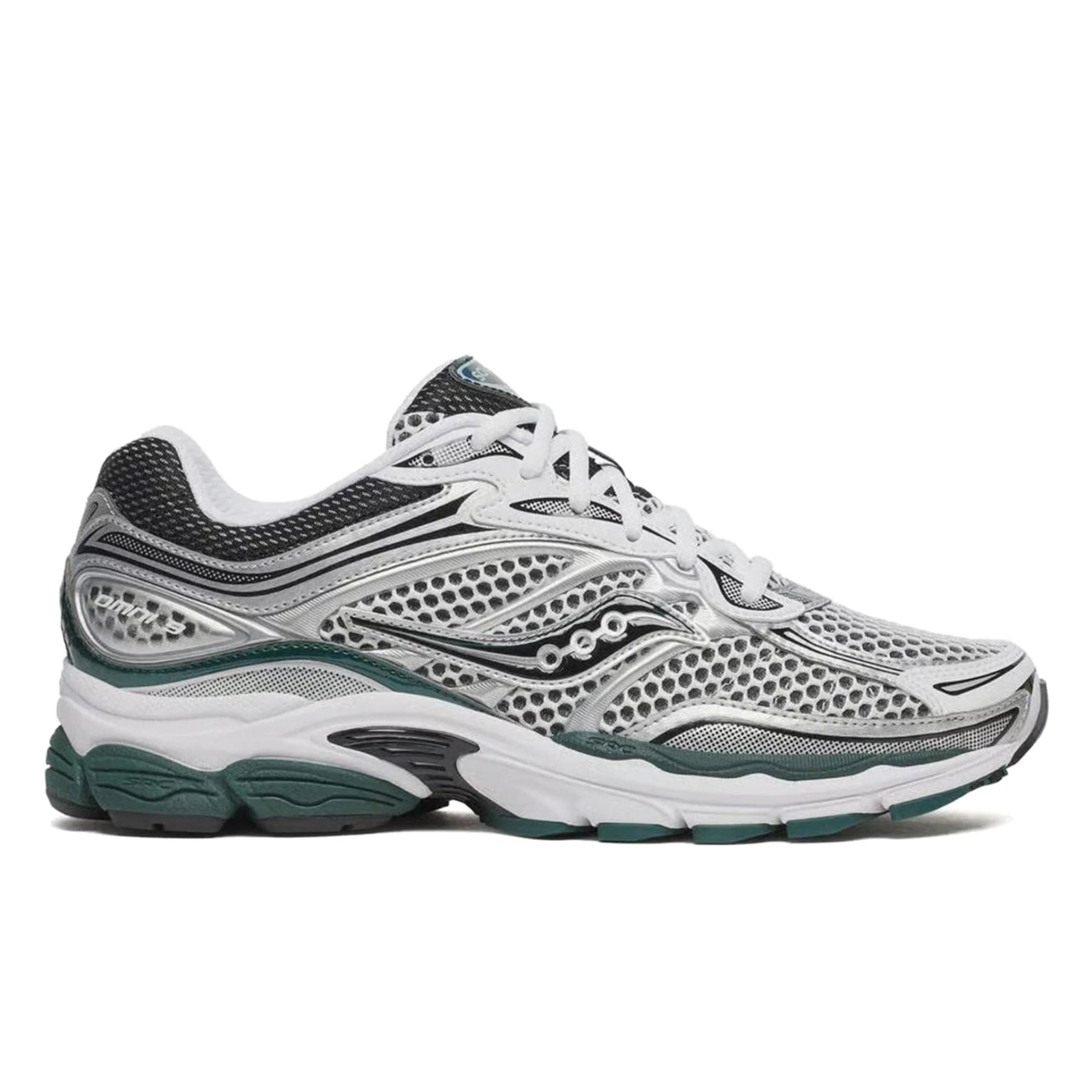 Saucony ProGrid Omni 9 White Pine Green S70739-56 lateral side profile showing layered white mesh upper silver overlays Saucony wave logo ProGrid midsole and pine green rubber outsole on white background