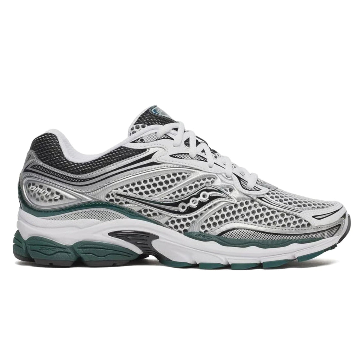 Saucony ProGrid Omni 9 White Pine Green S70739-56 lateral side profile showing layered white mesh upper silver overlays Saucony wave logo ProGrid midsole and pine green rubber outsole on white background