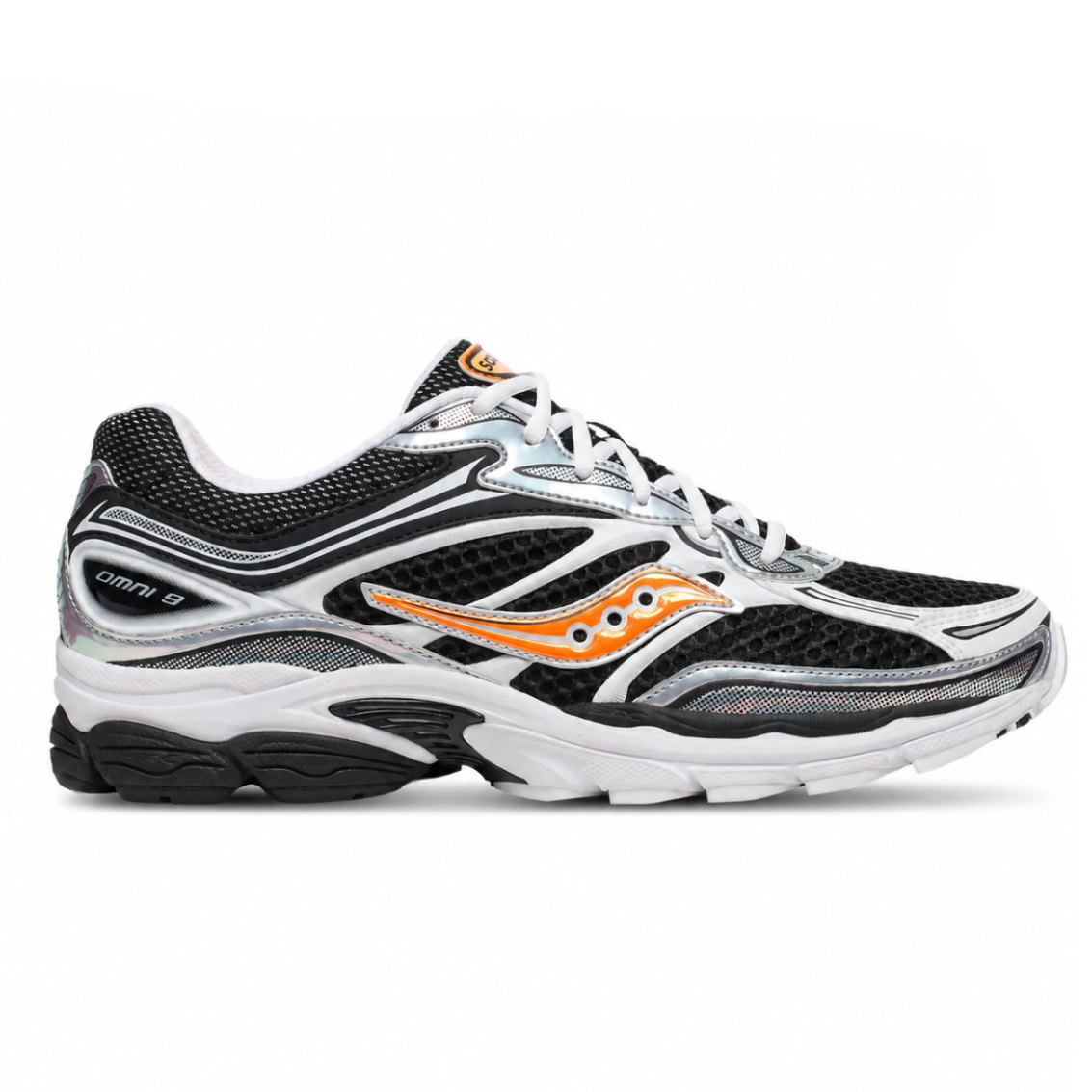 Saucony ProGrid Omni 9 Speed Shades side view with black mesh upper, metallic silver overlays, orange Saucony logo and white midsole