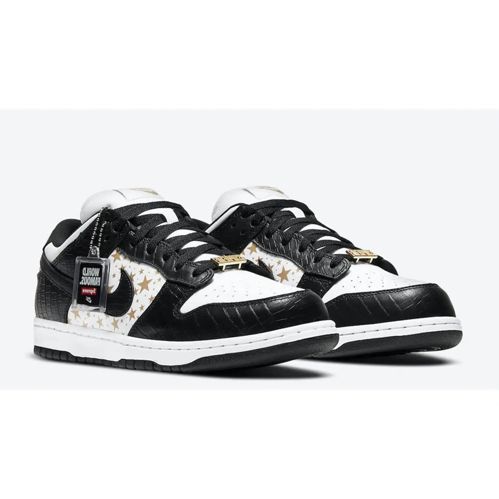 Supreme x Nike SB Dunk Low Stars Black on feet street style showing black croc leather and gold star panels