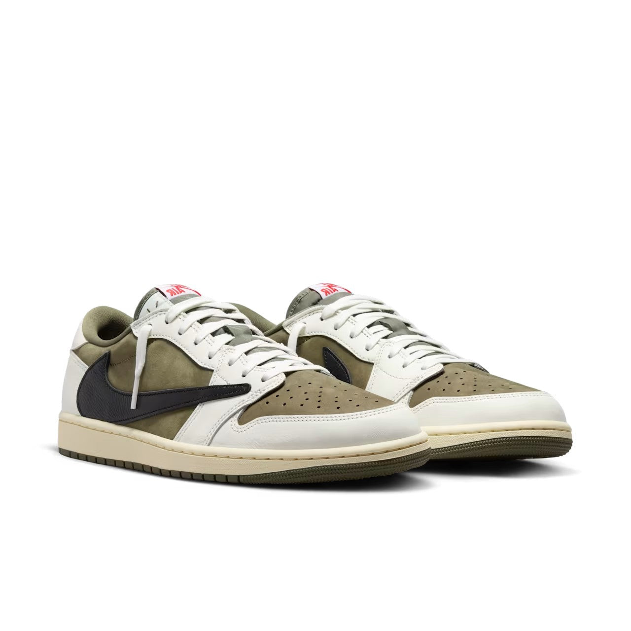 Travis Scott x Air Jordan 1 Low OG Medium Olive - front three-quarter pair view showing olive suede overlays, black reverse Swoosh, white leather panels, red Nike Air tongue tag and sail laces