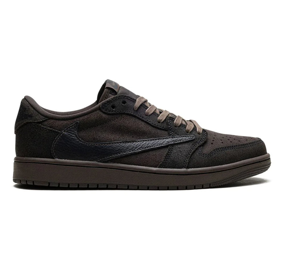 Travis Scott x Air Jordan 1 Low OG SP Velvet Brown lateral side profile showing reverse Swoosh in black leather, velvet brown suede upper, and dark brown outsole on white background