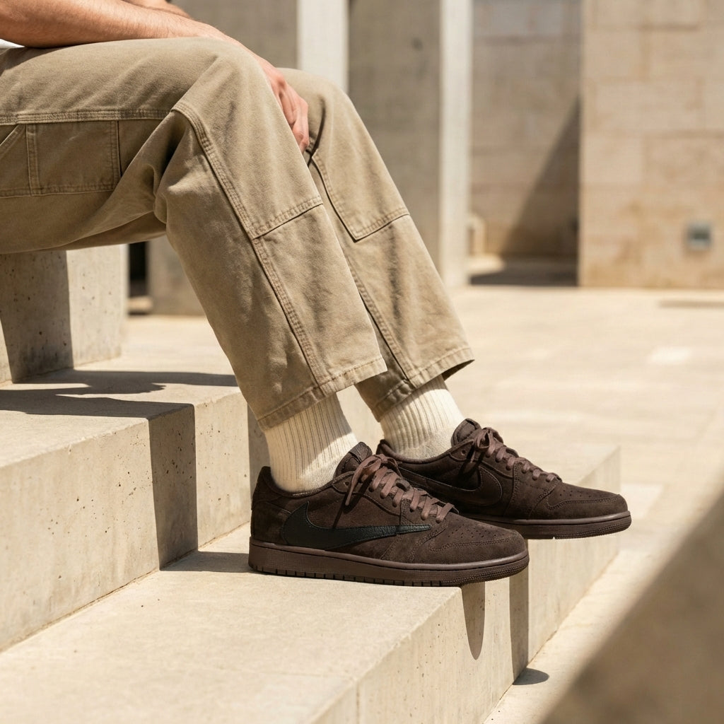 Travis Scott x Air Jordan 1 Low OG SP Velvet Brown worn on foot with khaki cargo pants and cream socks on concrete steps