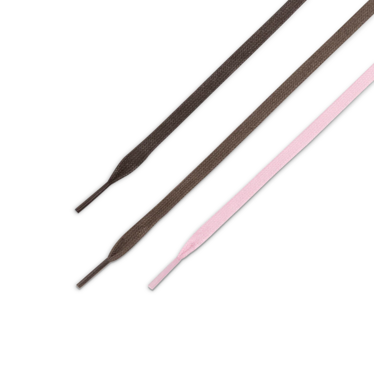 Two shoelaces, one brown and one pink, on a white background