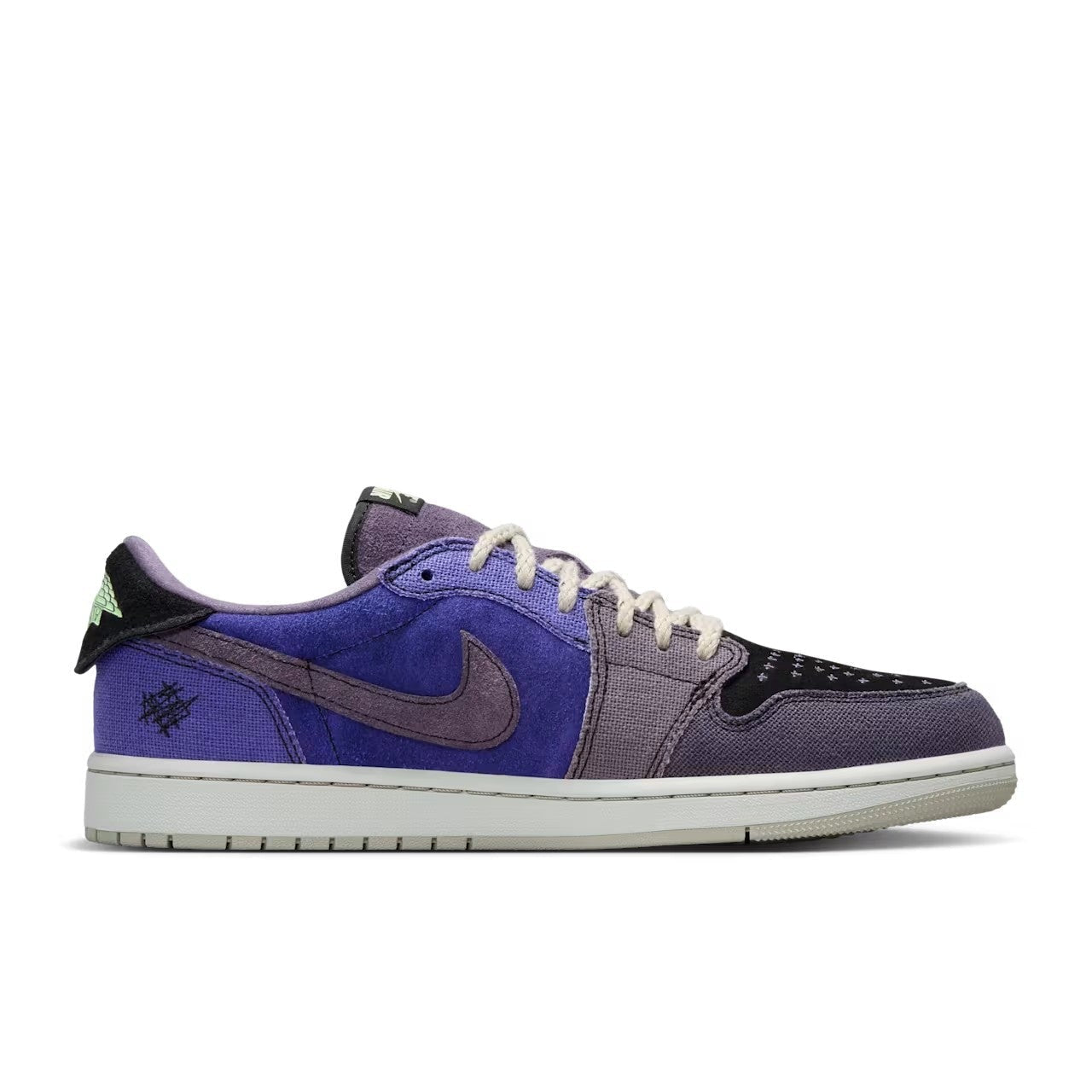 Zion Williamson x Air Jordan 1 Low OG Voodoo Alternate - medial side profile showing purple and blue canvas upper, tonal purple Swoosh, raw stitching, cross-stitch embroidery and grey midsole
