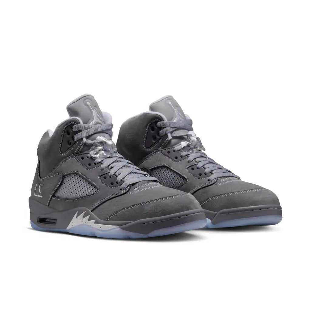 Front view of the Air Jordan 5 Wolf Grey sneaker, showing the premium grey nubuck toe box, translucent netting, and puffy tongue with lace locks.