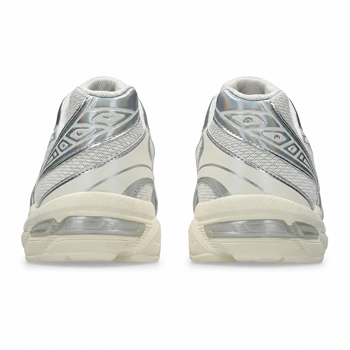 A rear view of the ASICS GEL-1130 Holiday Pack Cream Pure Silver trainers, showing the structured heel, cream and metallic silver detailing and visible GEL cushioning on a clean white background.