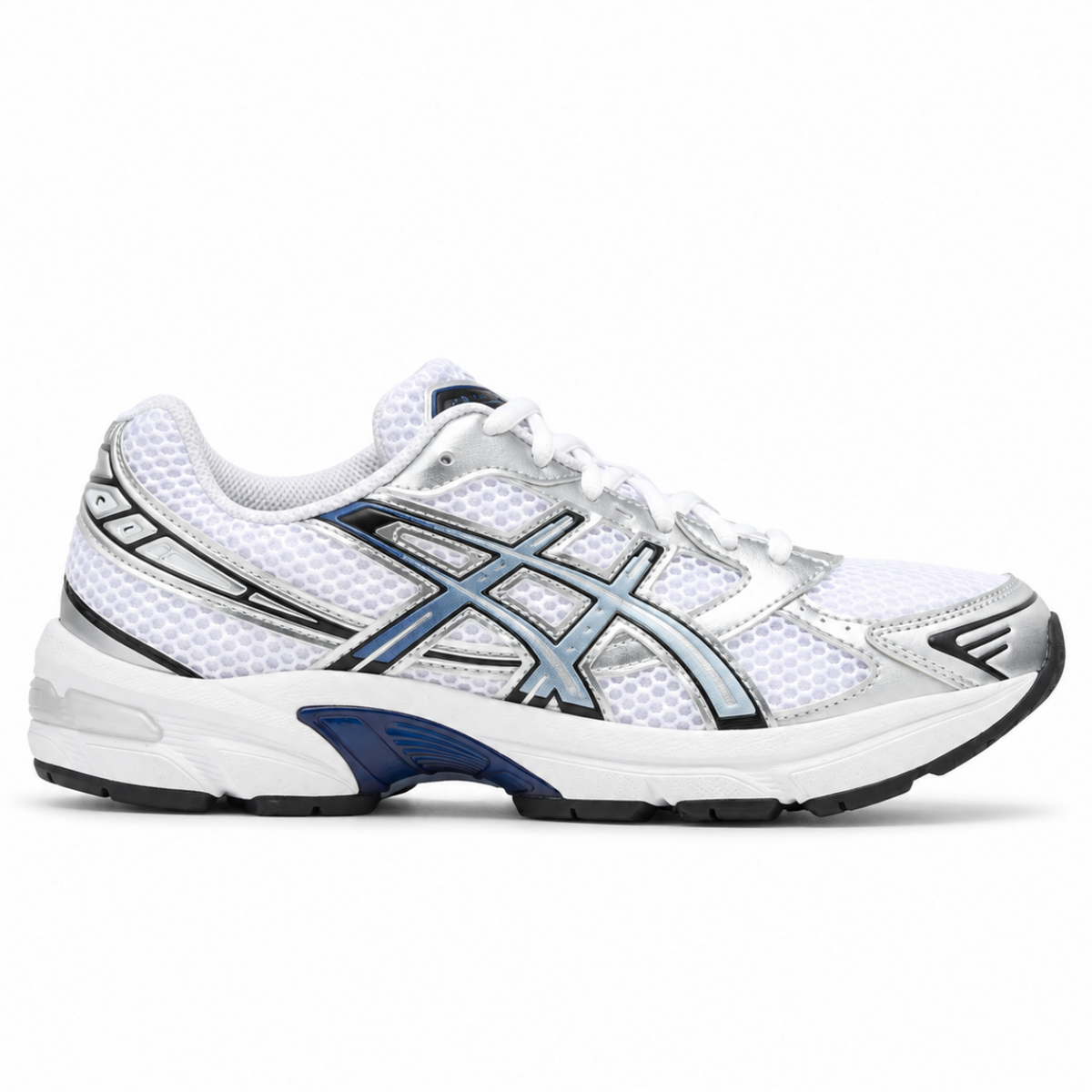 A side view of the ASICS GEL-1130 Storm Cloud trainer, showing the white mesh upper, Storm Cloud grey detailing, layered ASICS stripes and cushioned midsole.
