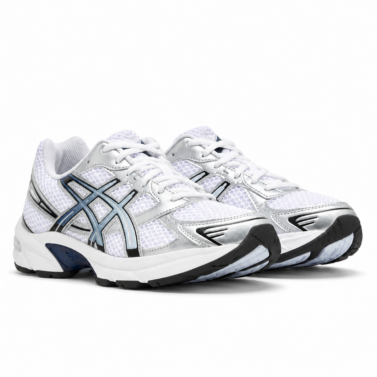 A pair of ASICS GEL-1130 Storm Cloud trainers featuring white mesh, cool grey synthetic overlays, signature ASICS stripes and a sculpted GEL-cushioned sole on a clean white background.