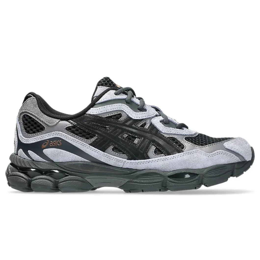 A side view of the ASICS GEL-NYC Black Cement Grey trainer, showing the black mesh upper, tonal layered overlays, Cement Grey detailing and technical sculpted sole.