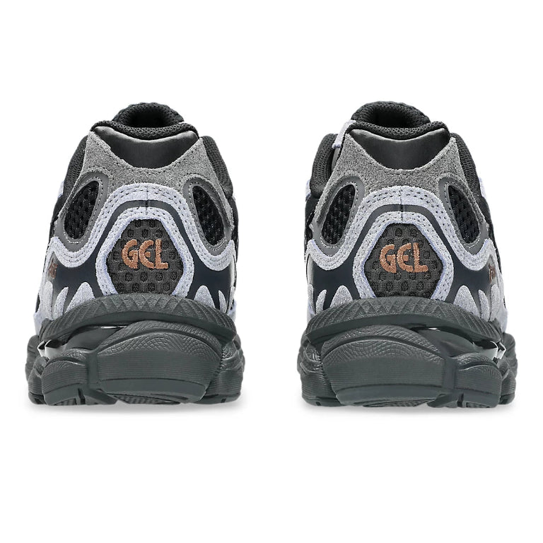 A rear view of the ASICS GEL-NYC Black Cement Grey trainers, showing the structured black heel, Cement Grey accents and sculpted cushioned sole on a clean white background.