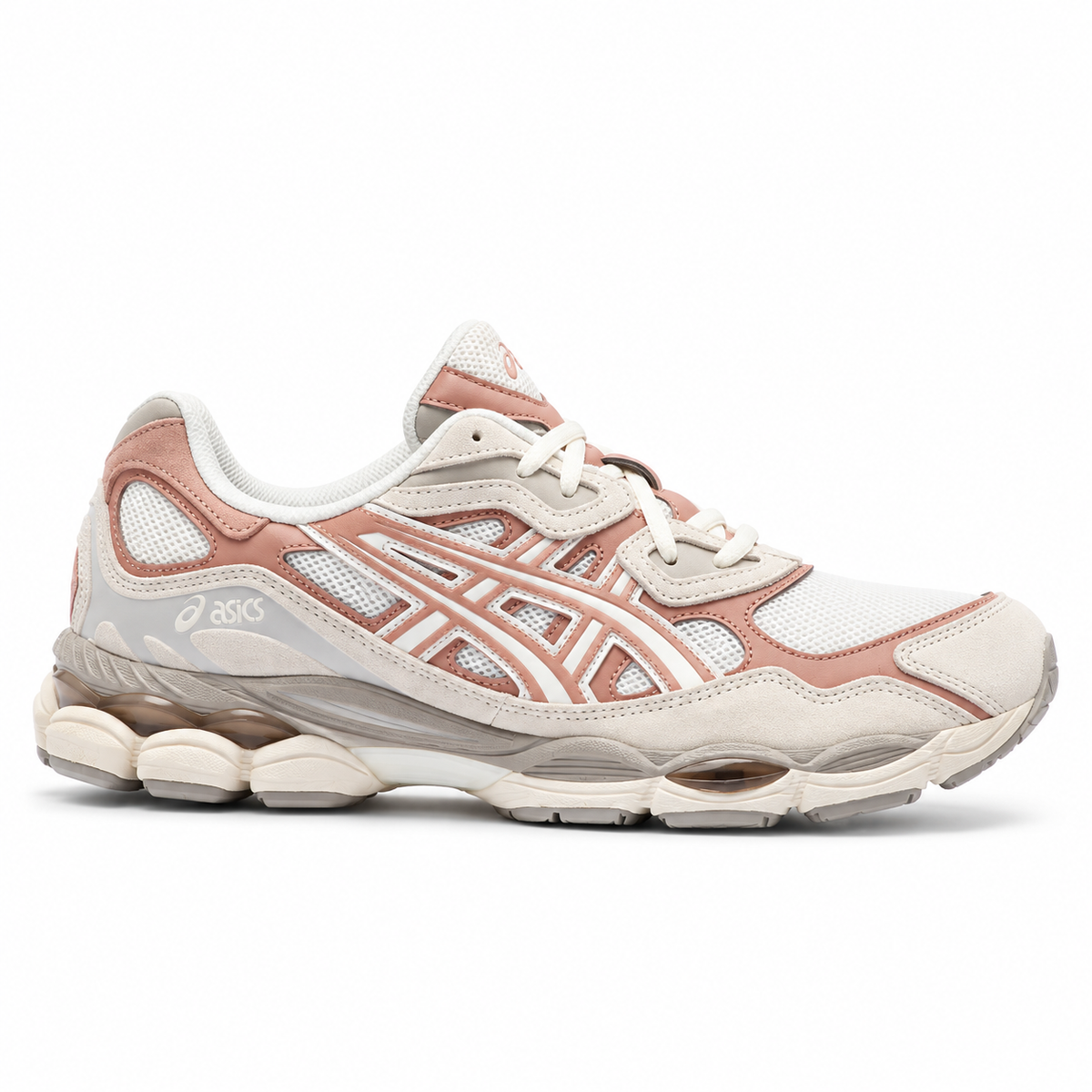 A side view of the ASICS GEL-NYC Cream Umeboshi trainer, showing the cream mesh upper, muted pink ASICS stripes, layered suede panels and sculpted cushioned midsole.