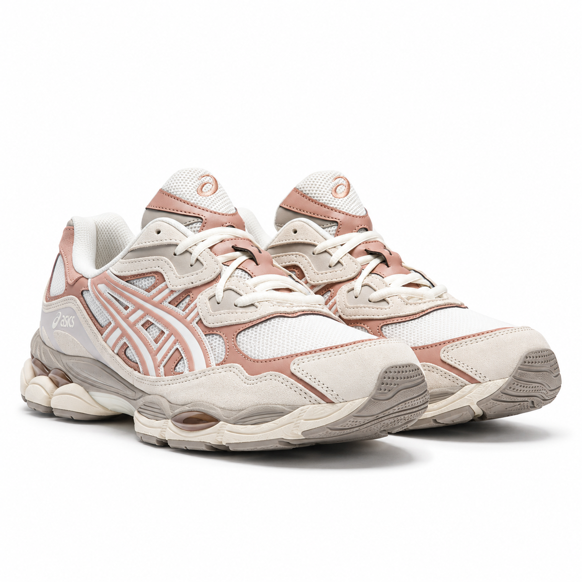 A pair of ASICS GEL-NYC Cream Umeboshi trainers featuring cream mesh, dusty pink suede overlays, signature ASICS stripes and a sculpted GEL-cushioned sole on a clean white background.