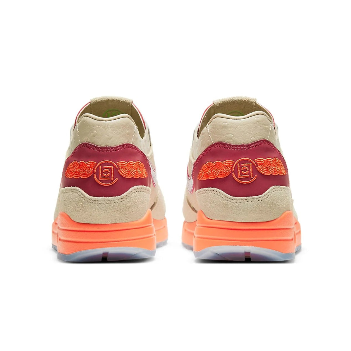 A rear view of the CLOT x Nike Air Max 1 Kiss of Death 2021 showing the textured heel construction and collaborative CLOT detailing.