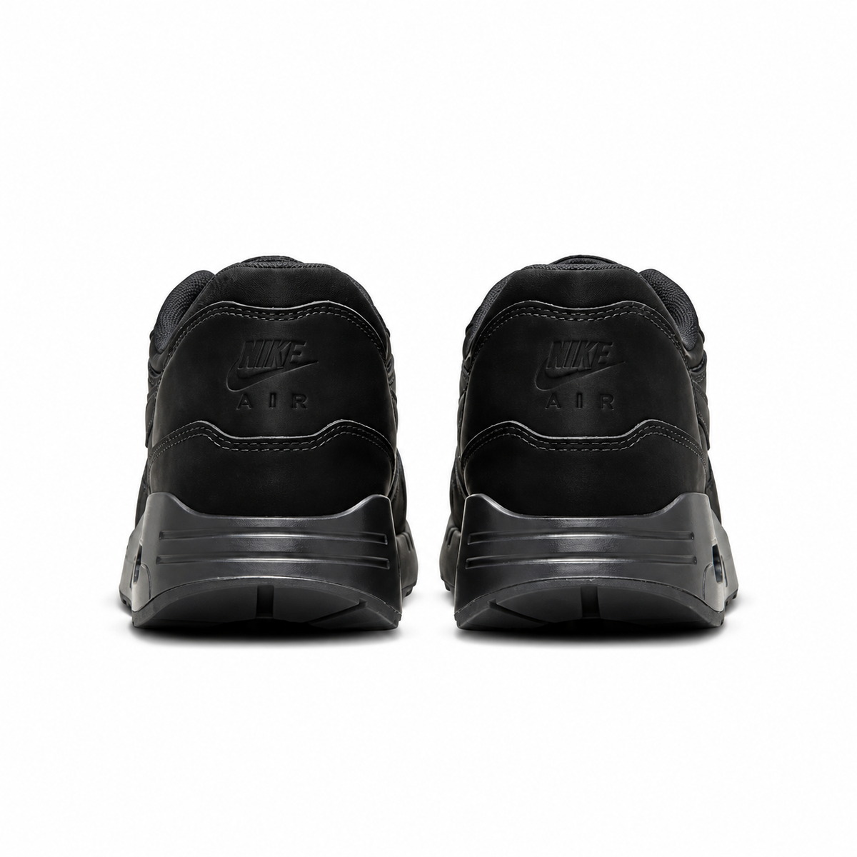 A rear view of the Nike Air Max 1 Golf Black Cat showing the black heel construction, tonal Nike branding and golf-ready outsole.